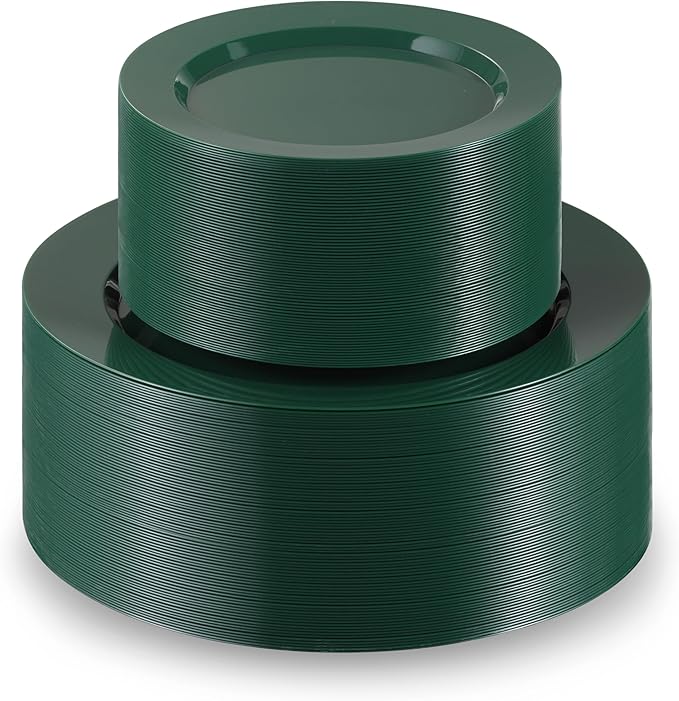 Munfix 100 Green Plastic Plates Set, 50 Pcs 10 Inch Dinner and 50 Pcs 7 Inch Dessert Plates, Elegant Fancy Heavy Duty Disposable Plates for Party, Wedding, Green