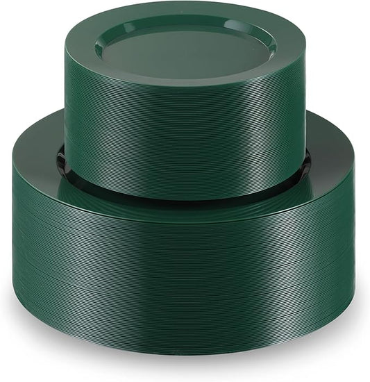 Munfix 100 Green Plastic Plates Set, 50 Pcs 10 Inch Dinner and 50 Pcs 7 Inch Dessert Plates, Elegant Fancy Heavy Duty Disposable Plates for Party, Wedding, Green