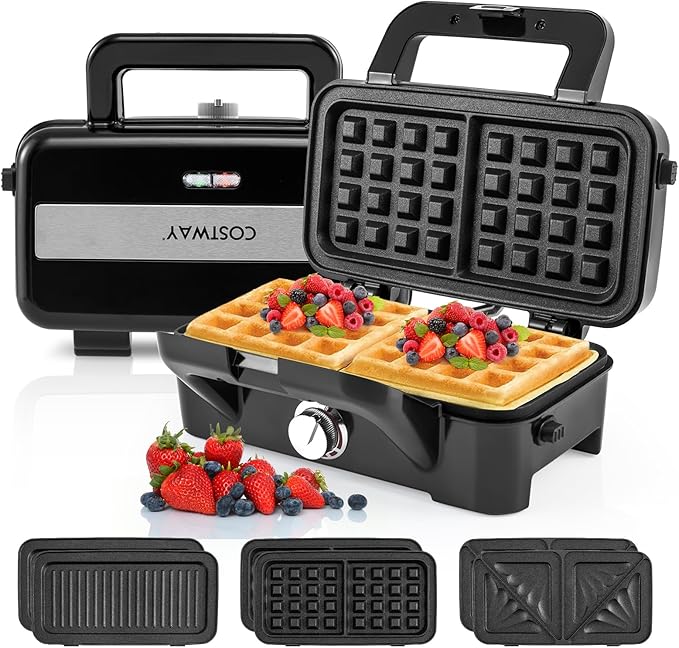 COSTWAY 1200W Waffle Maker with Removable Non-Stick Plates, Panini Grill Press with 5-Gear Temperature Control, 3-in-1 Sandwich Maker for Breakfast