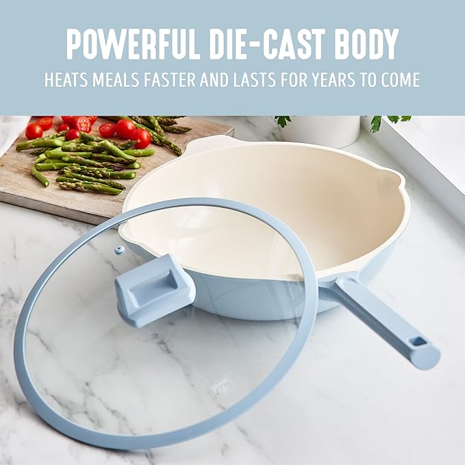 GreenLife Nonstick 12” (5QT) All in One Deep Skillet Wok with Lid, PFAS-Free Non-Toxic Ceramic Multi-Purpose Pan, Induction, All Stovetop, Egg, Stir Fry, Saute, Stay Cool Handle, Blue Haze
