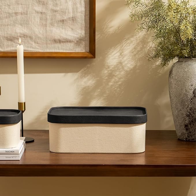 LA JOLIE MUSE Fluted Cardboard Storage Baskets with Leather-Like Lids, Sturdy Stackable Paper Boxes Decorative Tray, Black & Beige, Set of 3