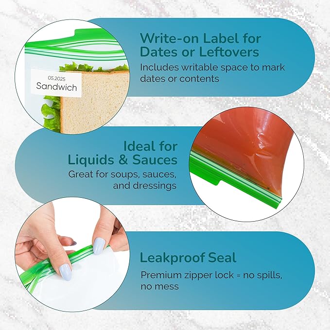 J&&J Fresh Sandwich Zipper Bags, 50 Pack — Reusable, BPA-Free, Leakproof — Expandable Bottom, Microwave-Safe, Strong Seal with Zipper Lock — Food Storage For Freezer, Fridge, Lunch, Durable & Washable