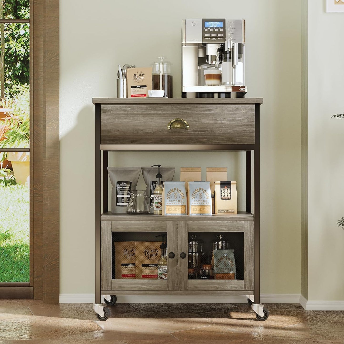 Catrimown Coffee Cart Station, Coffee Stand Station, Small Microwave Stand with Drawer, Movable Farmhouse Coffee Station Table on Wheels for Living Room, Entryway, Dining Room, Kitchen, Wash Grey