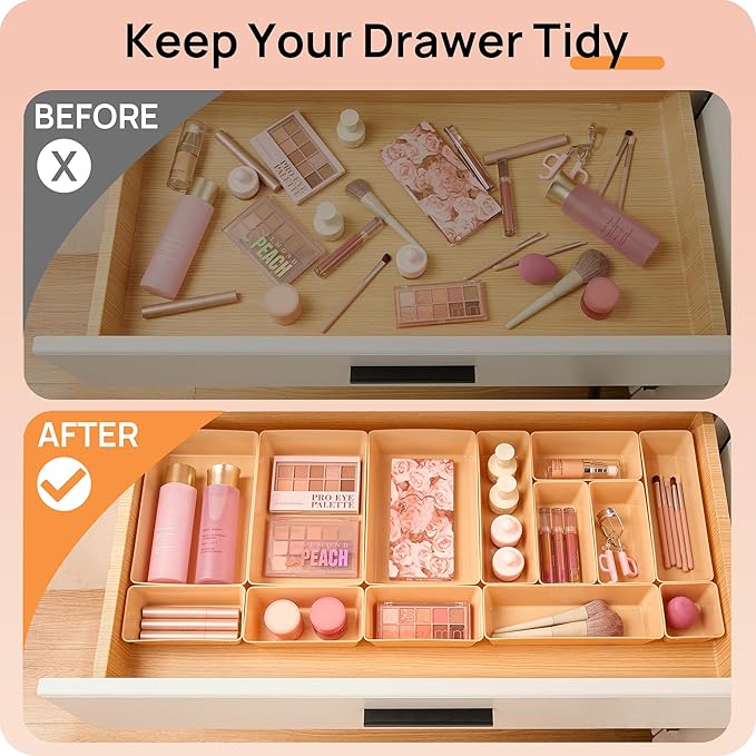 Vtopmart 25 PCS Plastic Drawer Organizers Set, 4-Size Versatile Bathroom and Vanity Drawer Organizer Trays, Storage Bins for Makeup, Bedroom, Kitchen Gadgets Utensils and Office