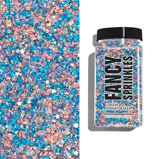 Fancy Sprinkles Opal Rain Fancy Sugar Pearlescent Peach, Lavender, and Pale Blue Sugar Crystals Flecked Silver Mini Edible Glitter Stars (4 OZ)