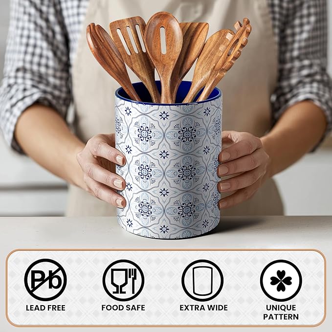 Ceramic Kitchen Utensil Holder for Countertop, Large Mediterranean Utensil Crock ,Navy Blue