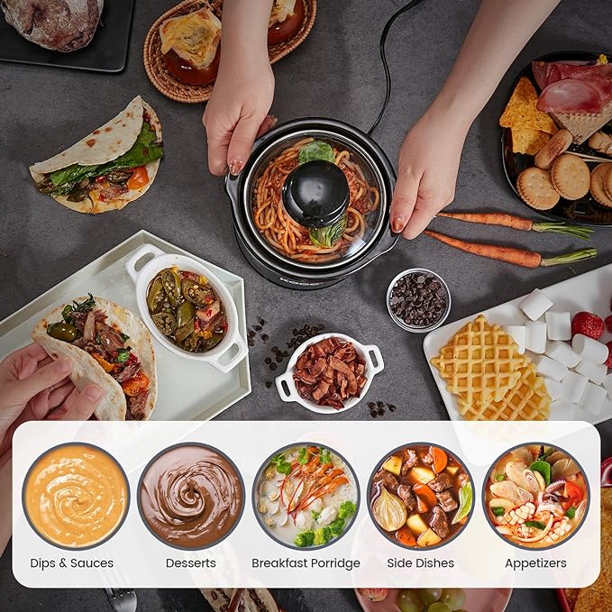 KOOC Small Slow Cooker, 0.65 Quart, Free Liners Included, Upgraded Ceramic Pot, Nutrient Loss Reduction, Sauces, Stews & Dips, Stainless Steel, Black, Round