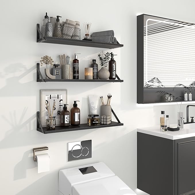 Heimlove Floating Shelves for Wall, 24 Inch Long Wood Floating Shelves Set of 3, Wall Mounted Hanging Shelf for Bathroom Bedroom Kitchen, Black