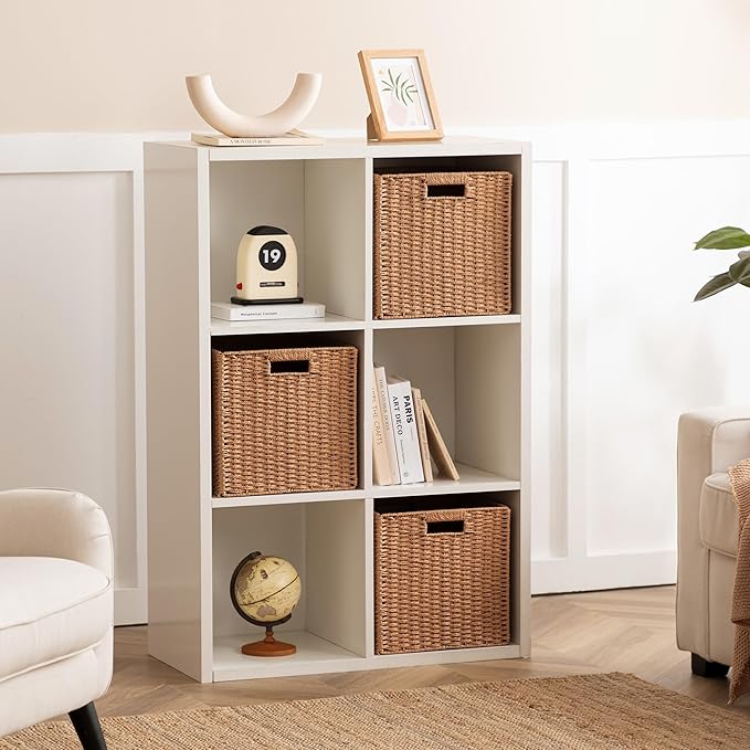 UBBCARE 3 Pack Wicker Basket, 11L×11H×10.5W inch Woven Paper Rope Storage Baskets for shelves, Foldable Cube Storage bin with Handle, Storage Basket for Organizing & Decor,Caramel