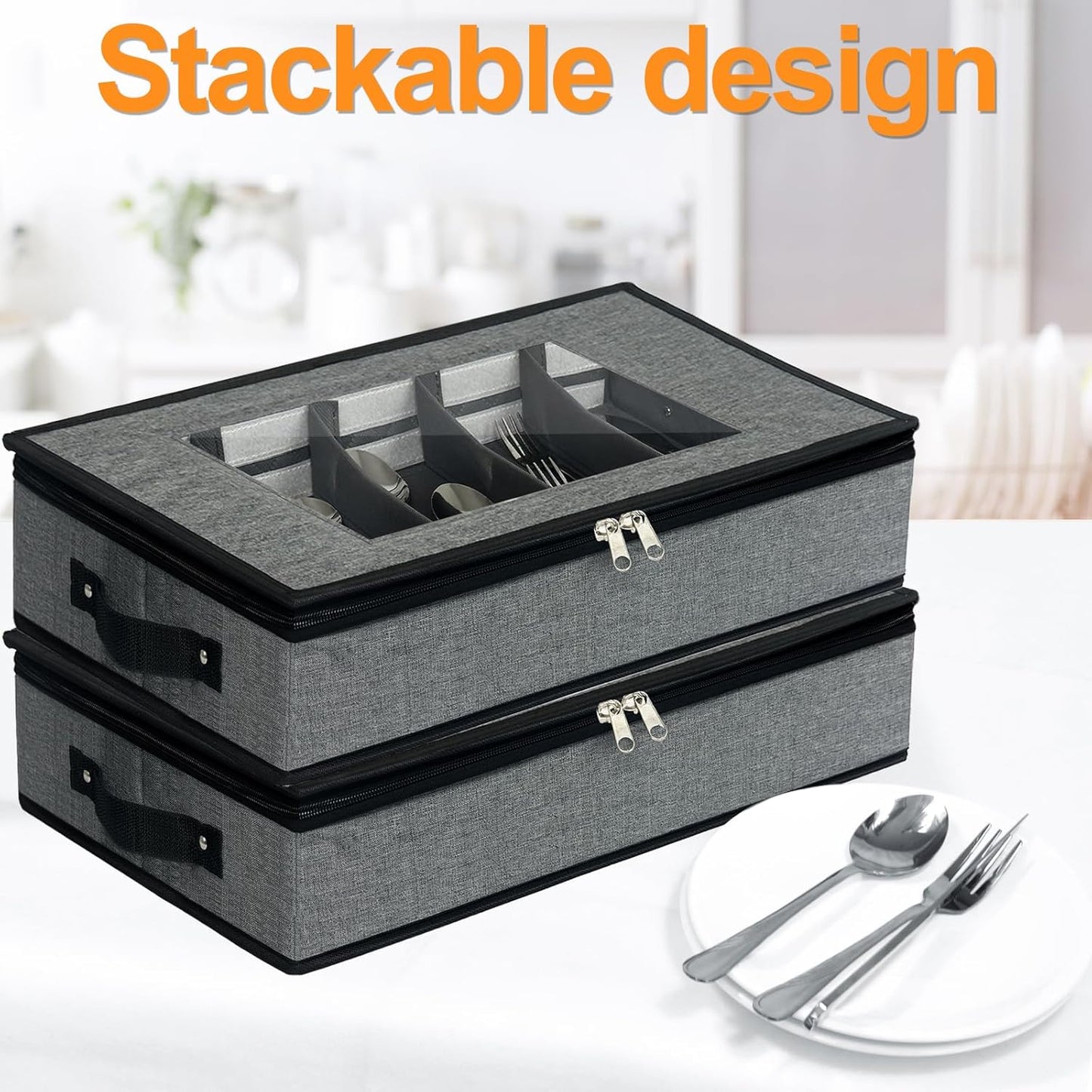 VERONLY 2 Pack Flatware Utensil Storage - Sturdy Silverware Storage Box with Dividers, 5 Compartment Flatware Storage Case with Handles and Removable Lid for Moving&Protected(Dark Gray)