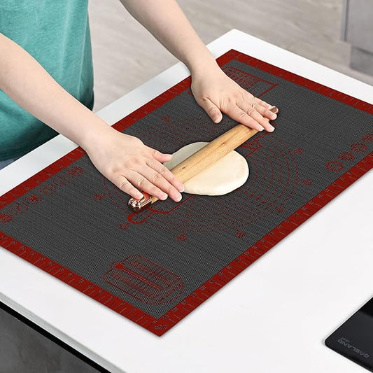 Silicone Pastry Mat Extra Large with Measurements 26''x16'' for Reusable,Non-slip Silicone Baking Mat, Counter, Dough Rolling, Oven Liner,Fondant/Pie Crust (Translucent_Red, 16''W x 26''L)