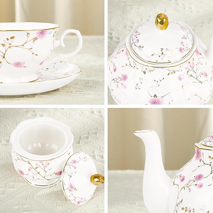 fanquare 21-Piece Gold Vine Floral Porcelain Tea Sets with Sugar Bowl Creamer Teacups, English Bone China Tea Service for Women TeaParty Family Gathering Home Décor