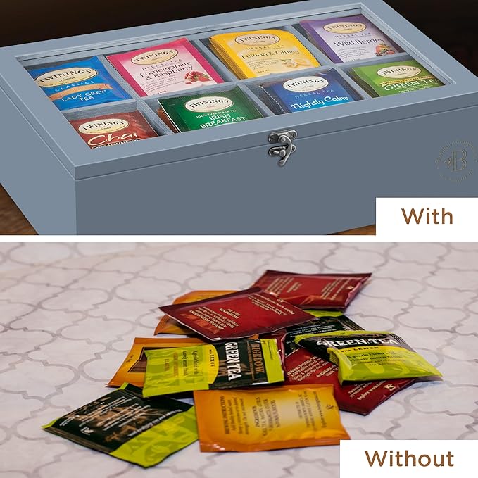 Bambsi Tea Bag Organizer - Bamboo Tea Box Organizer Storage Box, Tea Bag Holder with Acrylic Window, Magnetic Lid Keeps Tea Bags Fresh - Tea Organizer Caddy (Tea Not Included) Christmas Gift - Grey