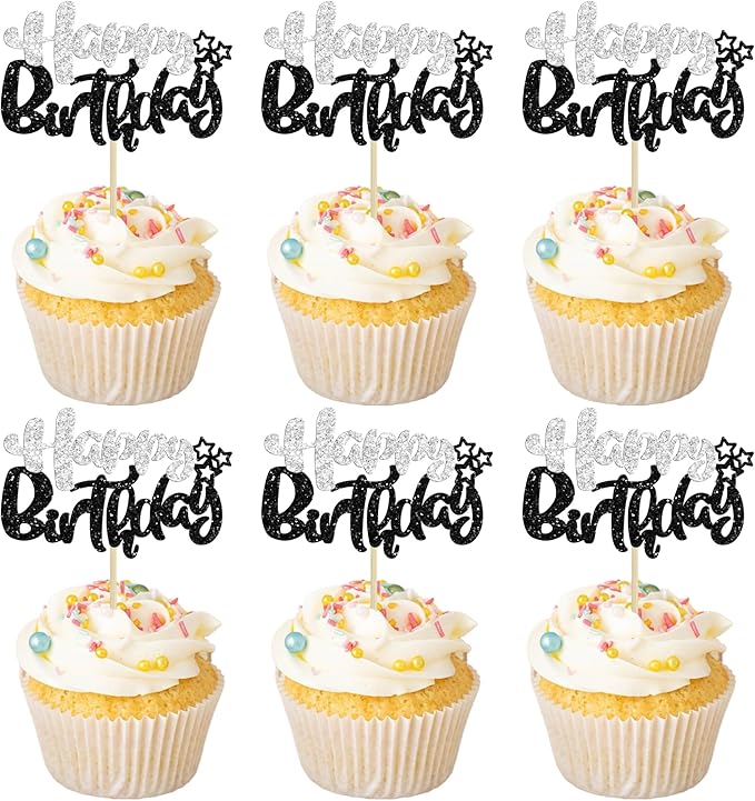 Ephlyn 24Pcs Happy Birthday Cupcake Toppers - Black Silver Glitter - Double Layer - Perfect for Birthday, Baby Shower & Anniversary Parties