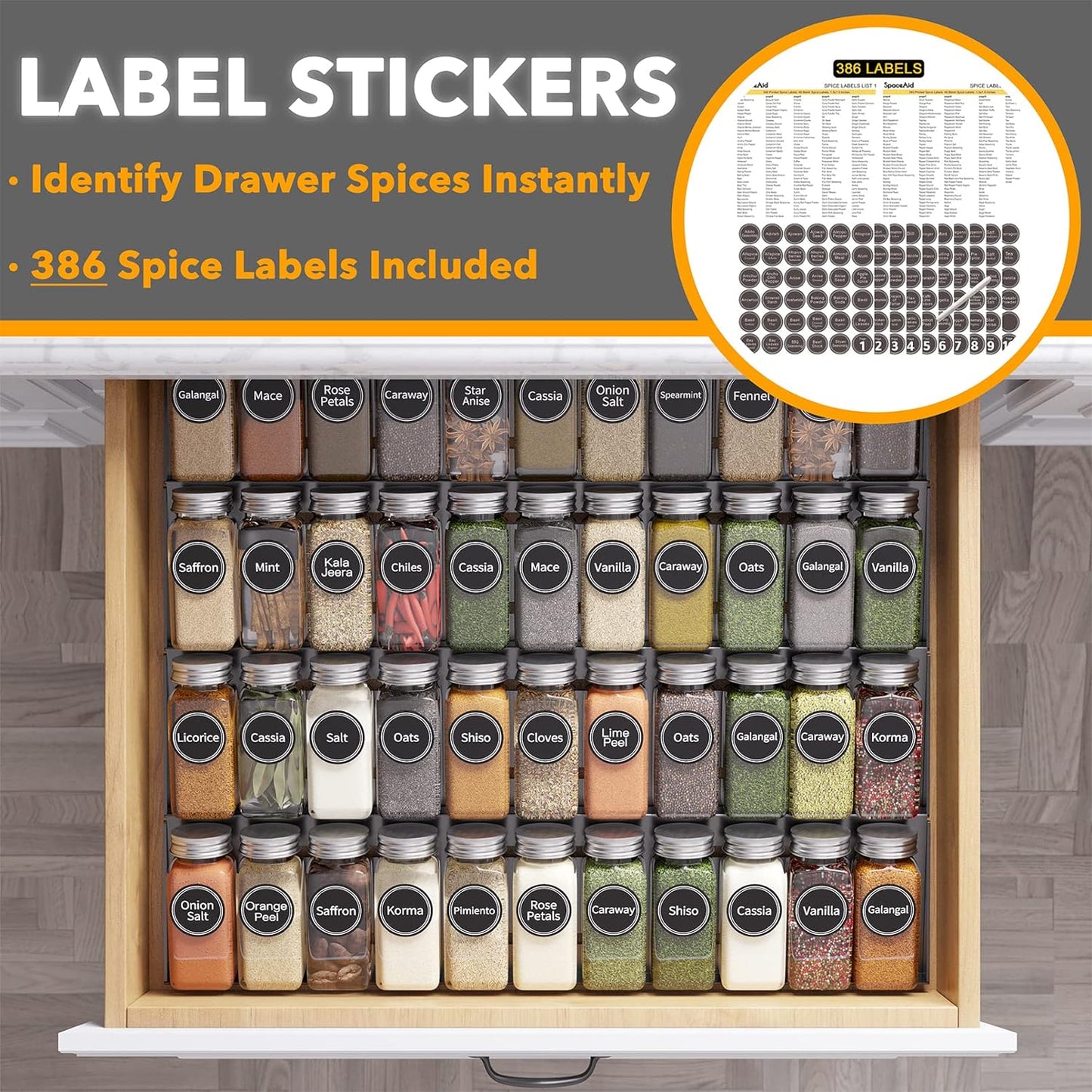 SpaceAid Spice Drawer Organizer with 44 Spice Jars, 386 Spice Labels, 4 Tier Seasoning Rack Tray Insert for Kitchen Drawers, 20.25" Wide x 17.5" Deep