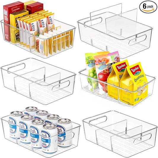 6 Pcs Clear Pantry Organizers and Storage,Plastic Storage Bins for Fridge with Removable Dividers, Kitchen Cabinet Organizers Ideal for Kitchen, Pantry, Refrigerator, Freezer, and Snack Storage