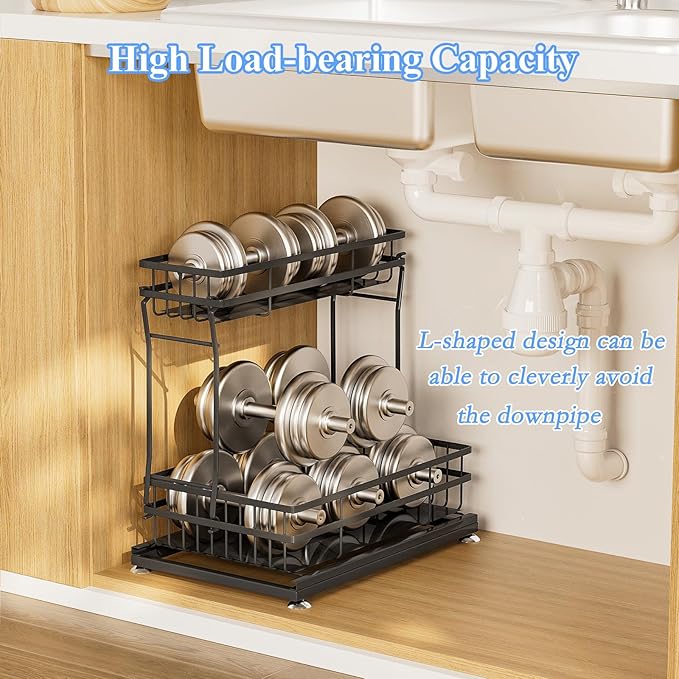 1 Pack Under Sink Organizers and Storage, 2 Tier Pull Out Cabinet Organizer, Metal Sliding Drawer Storage for Kitchen Bathroom，Black