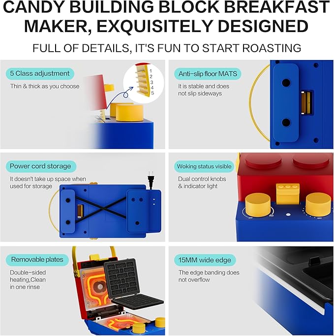 CANDY™ 3-in-1 Waffle Maker Panini Press, Grilled Sandwich Maker with Removable Plates, Compact & Portable Mini Toaster, Fast Double Heating, Unique Block-Style Design, Great for Breakfast or Snacks