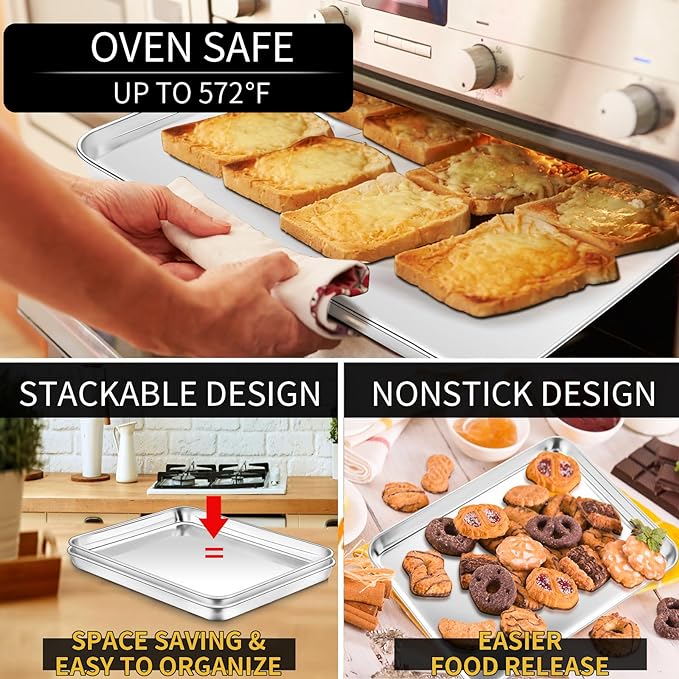 Stainless Steel Baking Sheet Set, 2 Pcs Cookie Sheet Pan Baking Trays for Oven, Non Stick and Heavy Duty and Easy Clean, 9.3 x 6.9 x 1 Inch