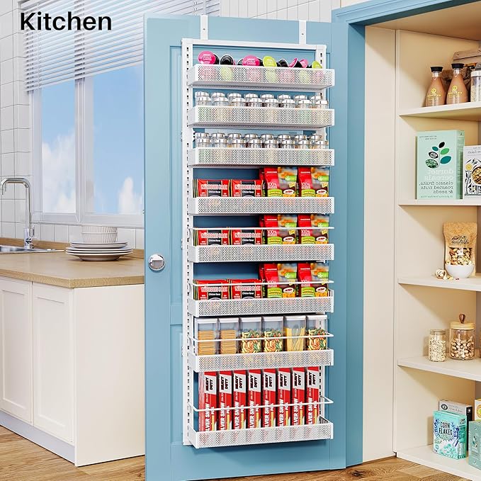 Over the Door Pantry Organizer - 8 Tier Adjustable Hanging Door Spice Rack, Large Capacity for Kitchen Pantry Storage (White)