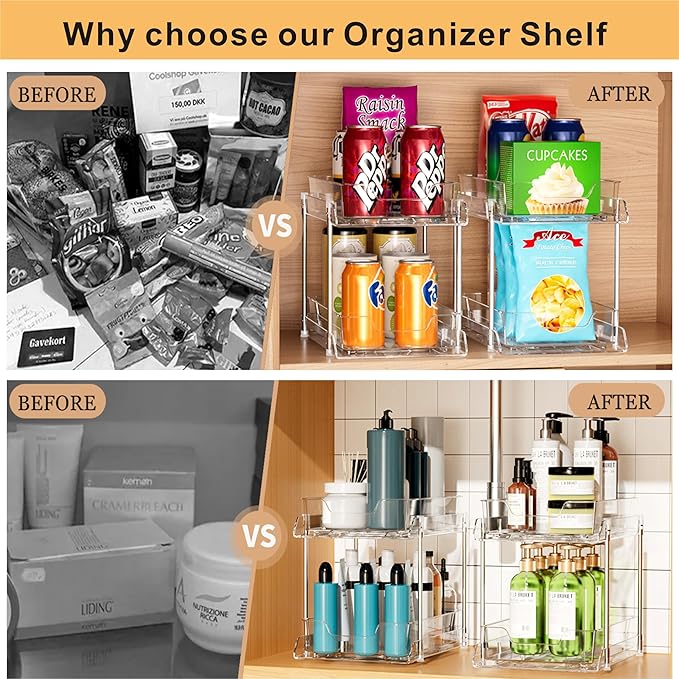 JLKDQ 4 Pack Bathroom Under Sink Organizers and Storage, 2-Tier Pull Out Medicine Cabinet Organizing- Kitchen, Pantry, Medicine Storage Bins, Vanity Makeup.(Clear,10.63" L x 8.0" W x 8.46" H).