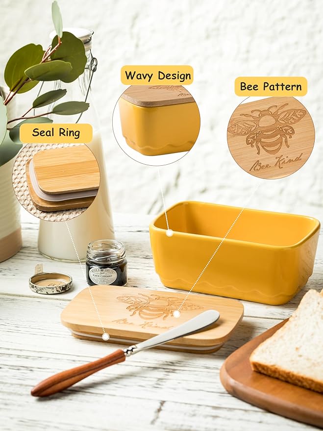 Covered Butter Dish with Lid, Large Butter Dishes for Countertop, Yellow Butter Holder with Airtight Seal Butter Container for East West Coast Butter, HoneyBee Table Decor