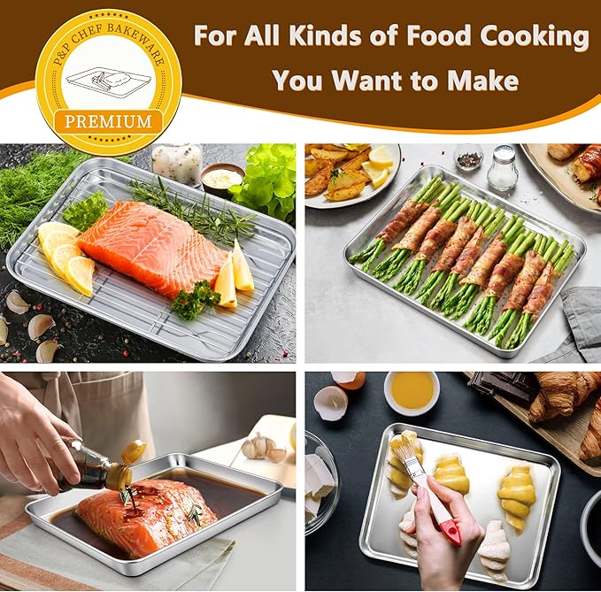 P&P CHEF 10.4 Inch Baking Sheet Pan with Rack Set, Stainless Steel Cookie Sheet Pan Tray with Cooling Rack for Oven Use, Cooking Roasting, Non Toxic & Dishwasher Safe, Heavy Duty