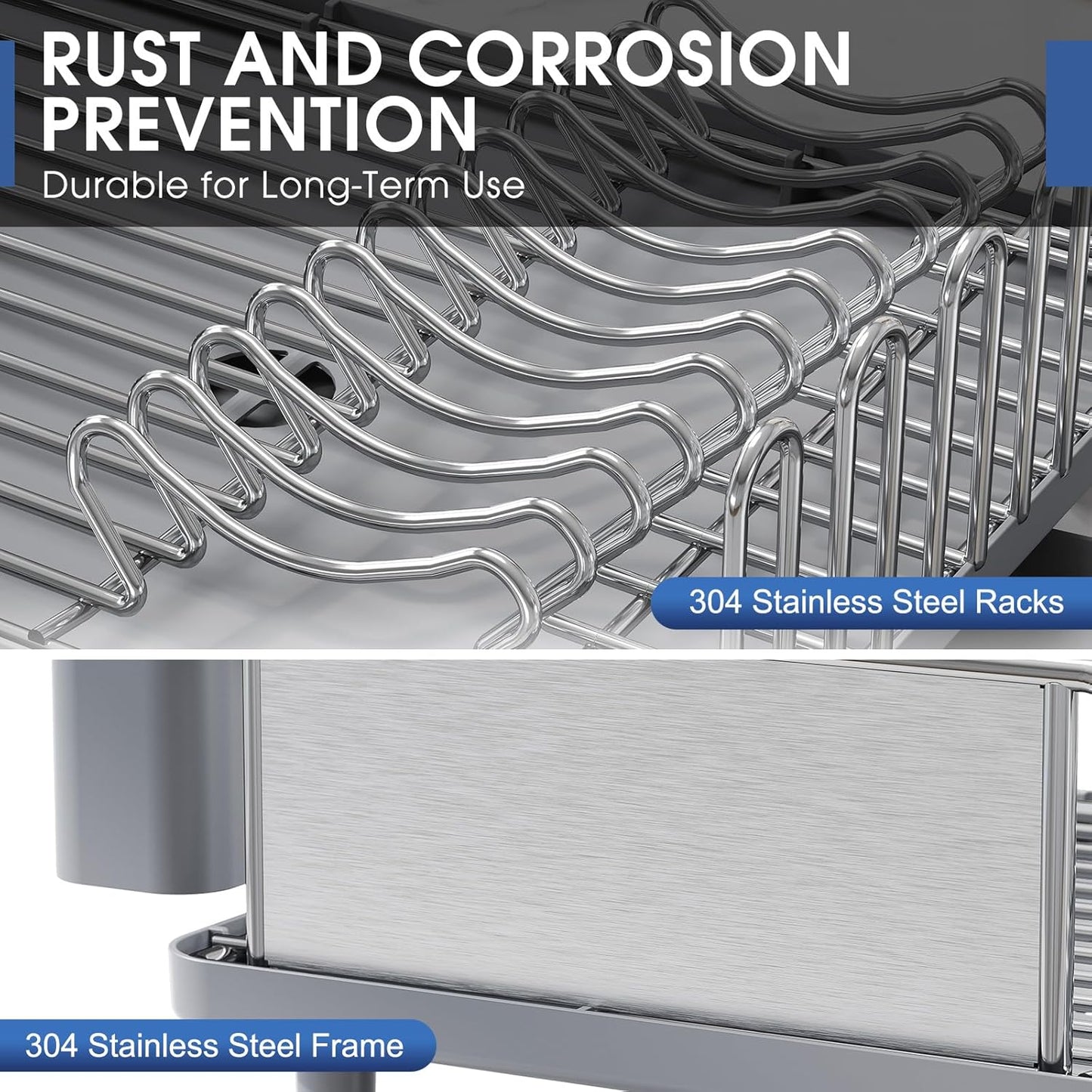 Stainless Steel Dish Drying Rack - Large Capcity 304 Grade Dish Drainer for Kitchen Counter with Drain Board, Utensil Holder & Detachable Cup Shelf, Rustproof Multifunctional Organizer