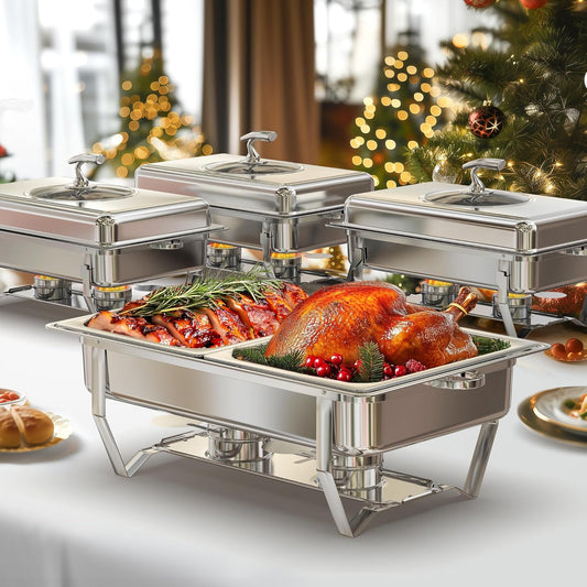 Chafing Dishes for Buffet with Glass Lid (9QT, 4Pack) - Food-Grade Stainless Steel, Rolled Edge Design, Foldable Frame, Lid Holder, Buffet Servers and Warmers Parties, Catering, Weddings