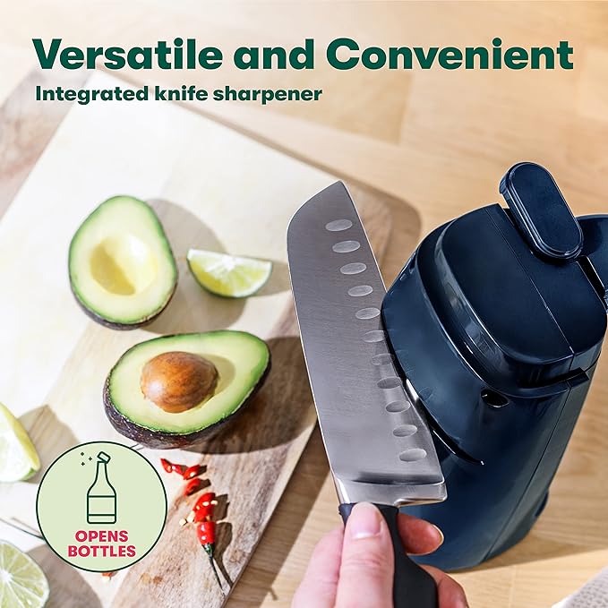 BELLA Electric Can Opener and Knife Sharpener, Multifunctional Jar and Bottle Opener with Removable Cutting Lever and Cord Storage, Stainless Steel Blade, Navy