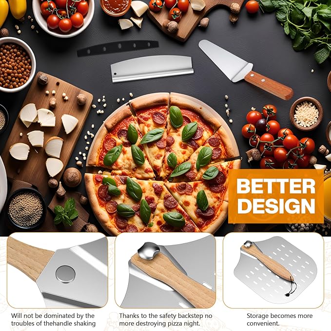 Perforated Pizza Peel 12 x 14 Inch Paddle Spatula with Foldable Handle Pizza Cutter Rocker 14'' Blade and Metal Spatula for Family Oven Accessories and Chopper Knife Tools
