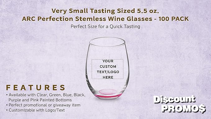Custom Stemless Wine Glasses by ARC 5.5 oz. Set of 100, Personalized Bulk Pack - Perfect for Hotel, Bar, Restaurant or Lounge - Pink