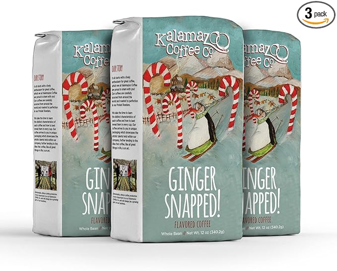 KALAMAZOO COFFEE COMPANY Ginger Snapped Whole Bean Coffee - Holiday Flavored Coffee | 12oz Bag (3 Pack)