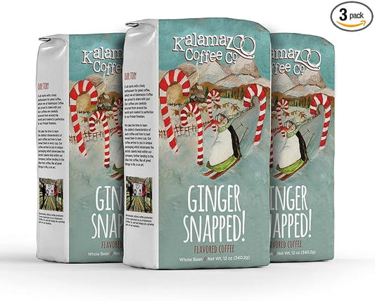 KALAMAZOO COFFEE COMPANY Ginger Snapped Whole Bean Coffee - Holiday Flavored Coffee | 12oz Bag (3 Pack)