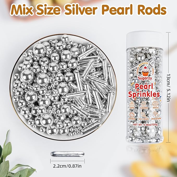 Silver Pearl Sprinkles,Edible Rods Pearl Sprinkles Mix Size,130g/4.58oz,Baking Edible Cake Decorations,Cupcake Toppers,Cookie Decorating Donuts Ice Cream,Holiday,Birthday Wedding Party,Valentines Christmas Supplies