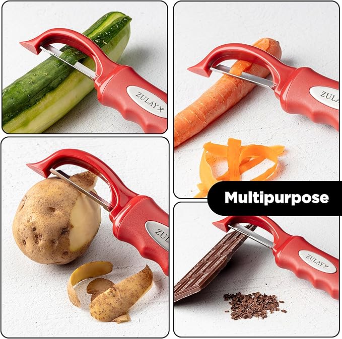 Zulay Kitchen Premium Vegetable Peeler for Kitchen - Swivel Peeler with Razor Sharp Stainless Steel Blades & Strong Ergonomic Handle - Dishwasher Safe, Easy To Use with Blemish Remover - Red