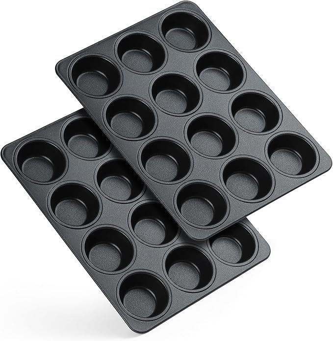 E-far Nonstick Muffin Pan 12 Cups Set of 2, Stainless Steel Muffin Tin Cupcake Pan Tray for Baking, Stainless Steel Core & Non Toxic, Easy Release & Easy Clean, Black