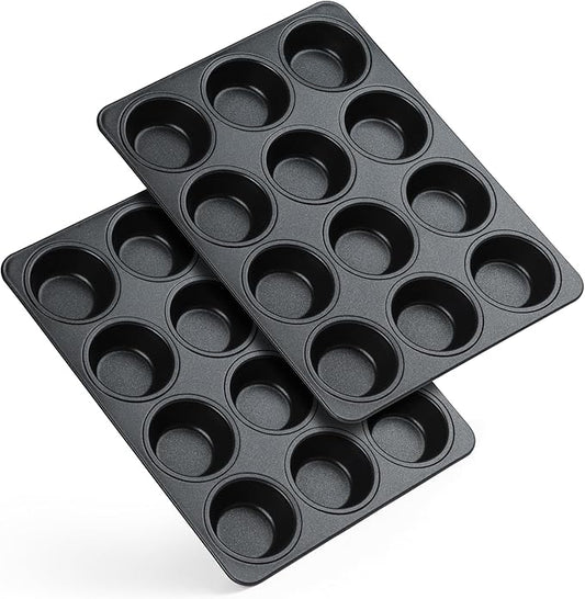 E-far Nonstick Muffin Pan 12 Cups Set of 2, Stainless Steel Muffin Tin Cupcake Pan Tray for Baking, Stainless Steel Core & Non Toxic, Easy Release & Easy Clean, Black