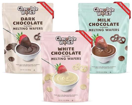 Chocolate Works Melting Chocolate Parent (10 oz (Pack of 3), Variety Pack: Milk, Dark, White Chocolate)