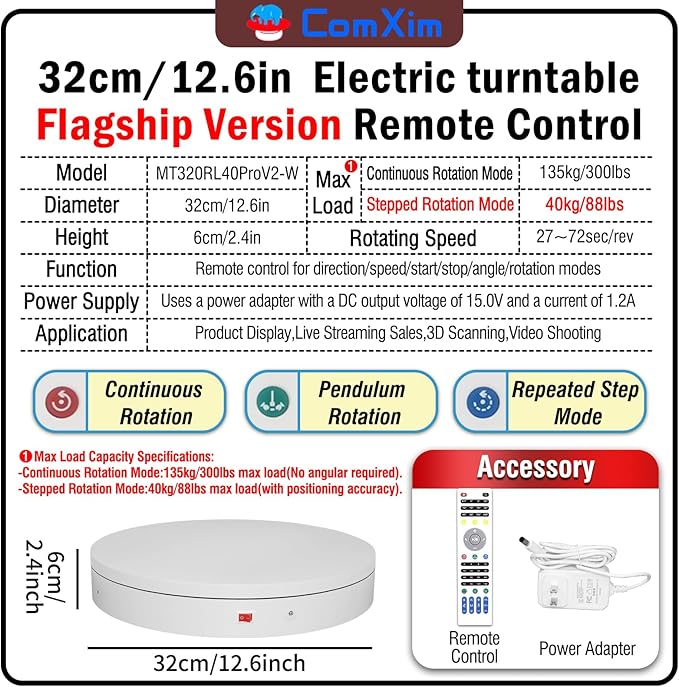 12.6In Remote Motorized Electric Turntable Rotating Display Stand Rotating Platform Photography Turntable motorized lazy susan base giratoria para for Photography,3D Scanner,(Load Range:88~300lbs)