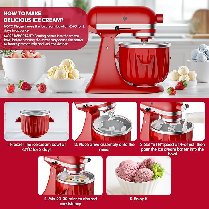 InnoMoon Ice Cream Maker Attachment for KitchenAid Stand Mixer, Compatible for Kitchenaid 4.5QT/5QT/6QT/7QT Stand Mixer, 2-Quart Frozen Yogurt, Sorbet Gelato Maker, Kitchen aid Ice Cream Maker (Red)