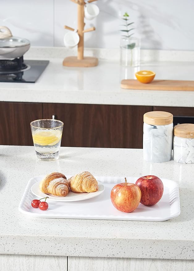 Blue Boat 15" x 11" Rectangular Serving Trays Set of 4 White, Melamine Serving Platter, Light Weight Easy to Clean Sturdy Stackable BPA-Free Dishwasher Safe