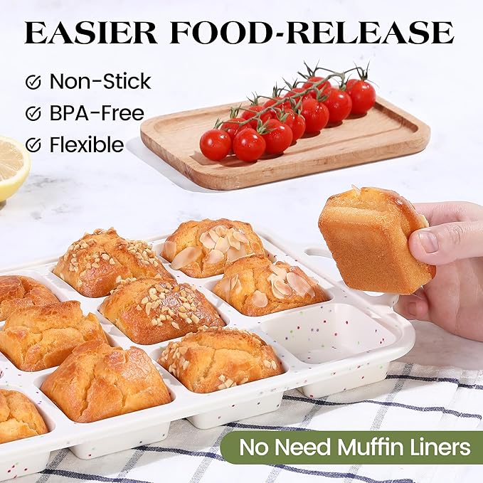 2 Pcs Brownie Pan With Dividers Silicone Nonstick Mini Individual 12 Cup Square Muffin Cupcake Pans with Metal Frame(Cream)