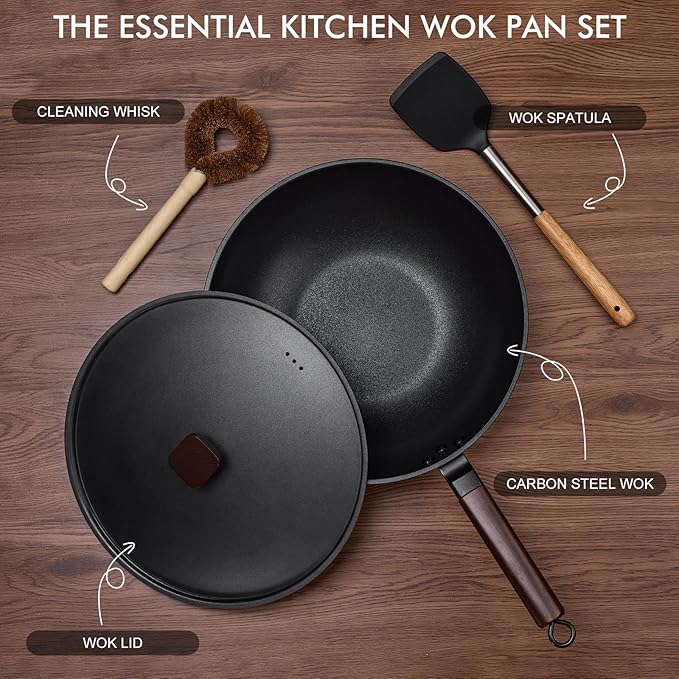 Carbon Steel Wok Pan - 13" Wok Pan with Lid, Woks & Stir-Fry Pans Nonstick with Spatula & Brush, Chinese Wok Flat Bottom Wok for Induction, Electric, Gas, All Stoves