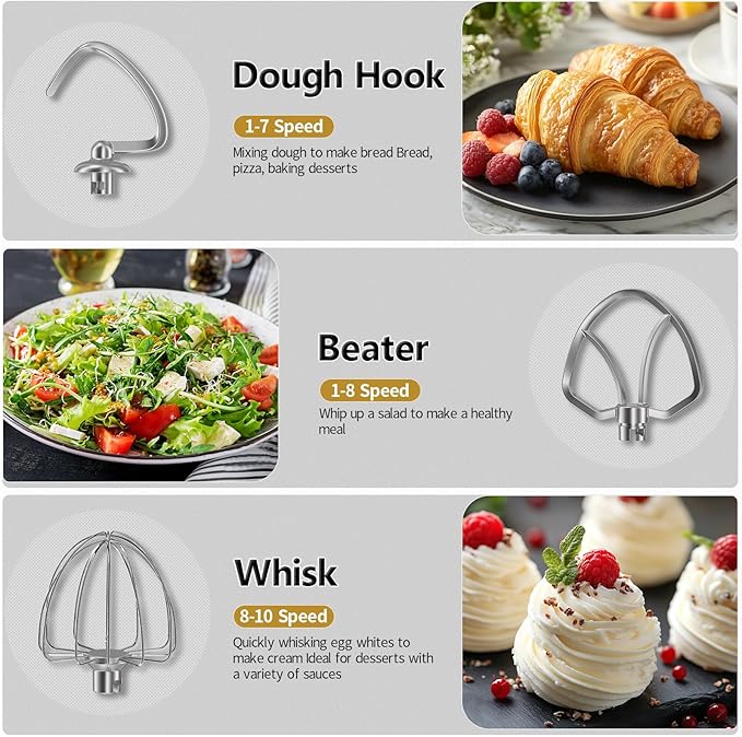 Vezzio Stand Mixer,6 Quarts,10-Speed Tilt-Head,Kitchen Food Mixer with Stainless Steel Bowl,Dough Hook,Whisk, Beater,Egg White Separator (Black)