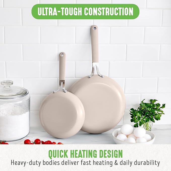 GreenLife 8” & 10” 2 Piece Nonstick Ceramic Frying Pan Set, Lightweight Healthy PFAS-Free Skillets, Dishwasher & Oven Safe, Durable Body, Silicone Stay-Cool Handles, Easy Release, Taupe