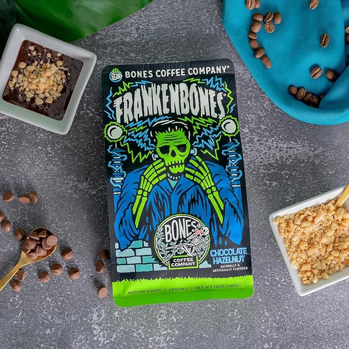 Bones Coffee Company Frankenbones Chocolate and Hazelnut Flavored Coffee, Medium Roast Low Acid Arabica Beans Compatible with Auto drip and French Press Coffee Maker, 12 Oz Ground