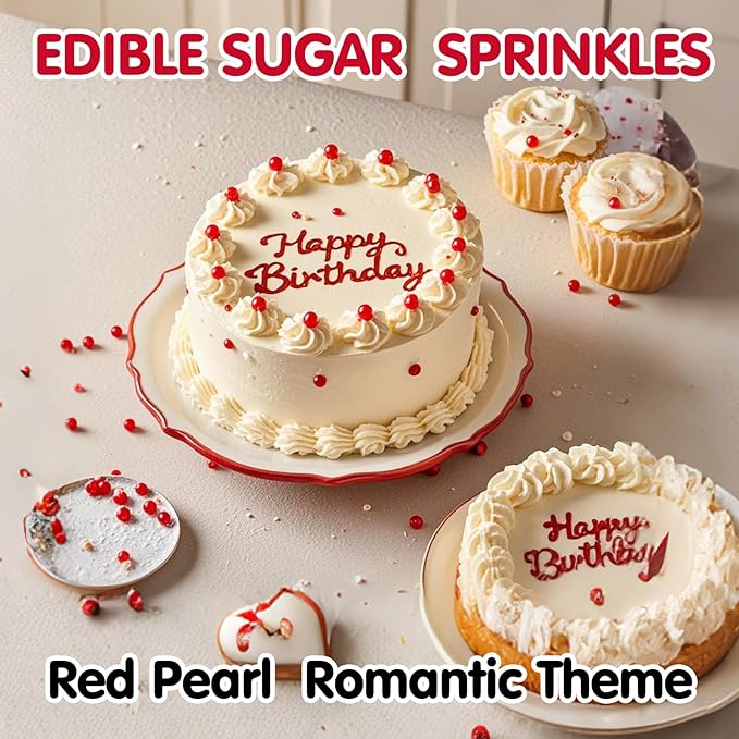Red Pearl Sprinkles,Edible Pearl Sugar Sprinkles,Baking Edible Cake Decorations,Cupcake Toppers,Cookie Decorating,Donuts Ice Cream Toppings,Wedding Birthday Party Valentines Christmas Supplies,130g/4.58oz