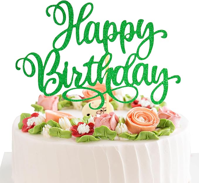 Happy Birthday Cake Toppers 9 Inch Glitter Happy Birthday Cake Pick for Birthday Anniversary Theme Party Cake Decorations Supplies - Hunter Green