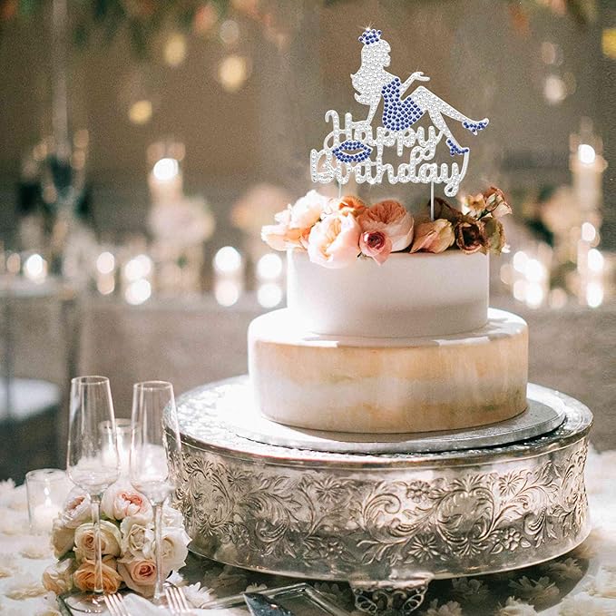 LINGTEER Happy Birthday Crown Queen Lady Rhinestone Cake Topper - Cheers to Makeup Spa Birthday Party Cake Centerpieces Decorations Gift Sign - Blue.